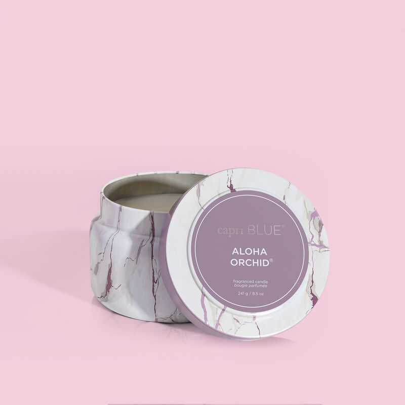 Aloha Orchid Modern Marble Travel Tin Candle with Lid Off image number 2
